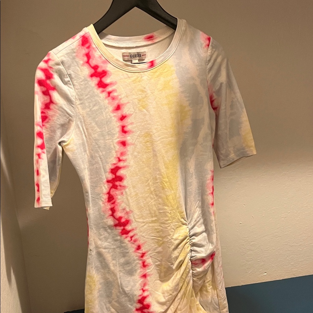 GUESS Women's Red and Yellow Tie-Dye High Low Dress